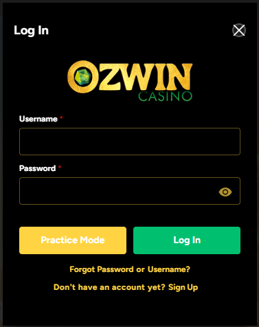 Ozwin Casino login page